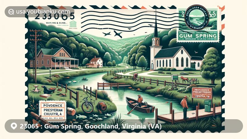 Modern illustration of Gum Spring, Goochland and Louisa Counties, Virginia, highlighting small town charm, outdoor recreation opportunities, community spirit, and local heritage with historic landmarks like Providence Presbyterian Church and Shady Grove School.