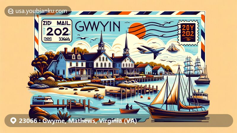 Modern illustration of Gwynn's Island, Mathews County, Virginia, inspired by ZIP code 23066, highlighting historical and maritime heritage with traditional architecture, boats, and Chesapeake Bay.