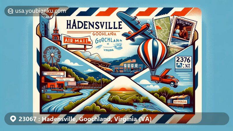 Modern illustration of Hadensville, Goochland, Virginia (VA), featuring a wide-format design with postal theme. Includes James River, Goochland Drive-In Theater, '23067' ZIP code, and Virginia state flag.