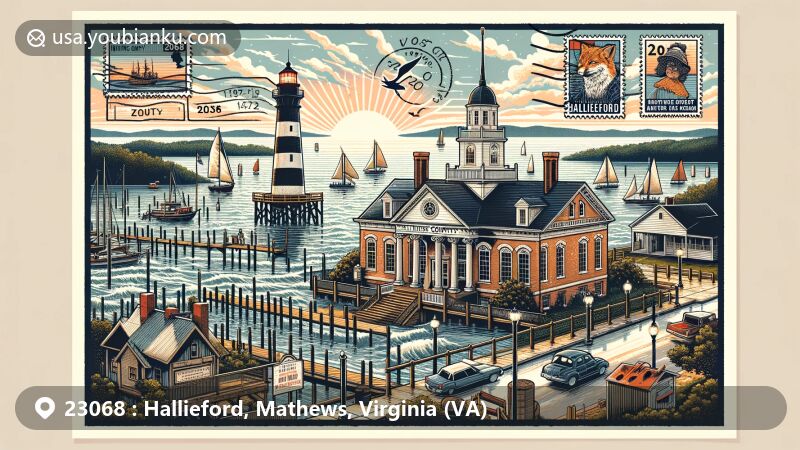 Modern illustration of Hallieford, Mathews County, Virginia, capturing the essence of ZIP code 23068 with Mathews County Courthouse, New Point Comfort Lighthouse, and maritime heritage, reflecting the area's rich history and natural beauty.