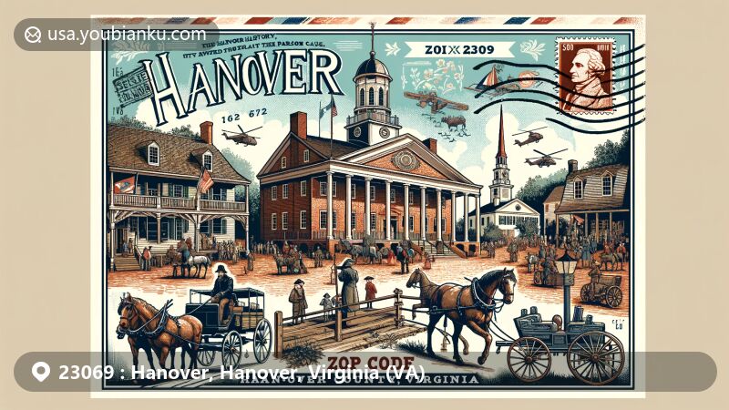 Modern illustration of Hanover Museum of History & Culture in Hanover County, Virginia, featuring historic heritage in a creative postal theme.