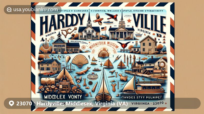 Vintage-style illustration of Hardyville, Virginia, showcasing ZIP code 23070 and incorporating local and state elements within a nostalgic airmail envelope.