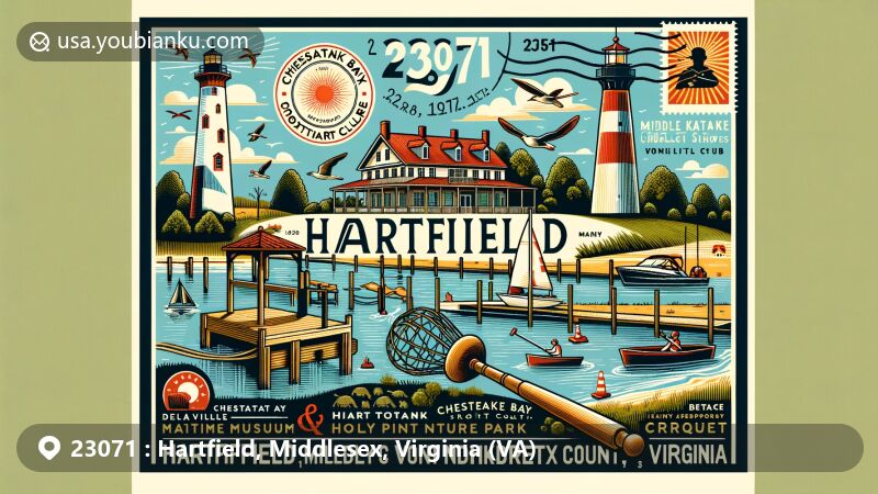 Modern illustration of Hartfield, Middlesex County, Virginia, highlighting ZIP code 23071 with Deltaville Maritime Museum & Holly Point Nature Park, Stingray Lighthouse at Stingray Point, and Piankatank River's wildlife and boating opportunities.