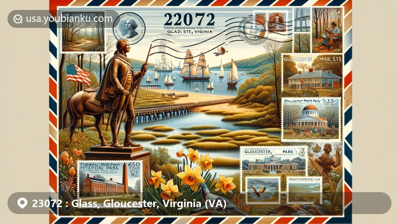 Modern illustration of Glass, Gloucester, Virginia (VA) with postal code 23072, featuring Gloucester Point Beach Park, Tyndall's Point Park, Gloucester Museum of History, and Machicomoco State Park.