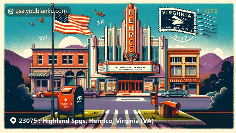 Modern illustration of Henrico Theatre in Highland Springs, Virginia, displaying Art Deco style with Virginia state flag in background and postal theme including ZIP Code 23075 and American mailbox.