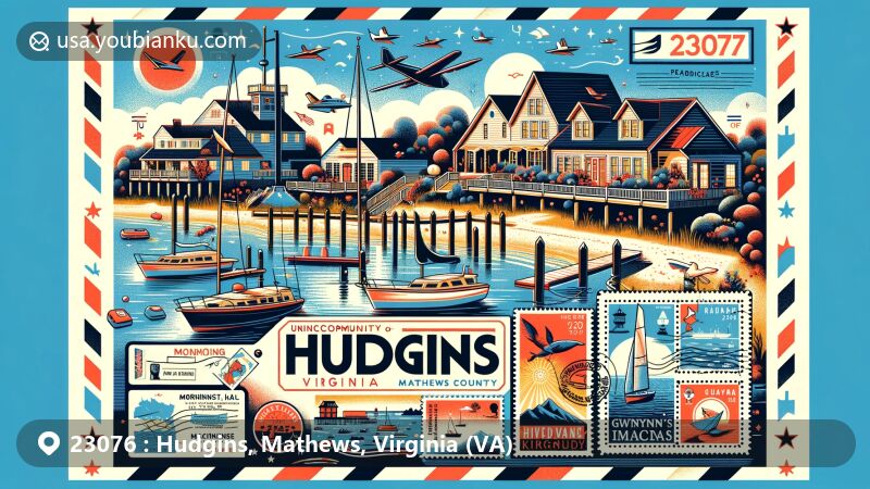 Modern illustration of Hudgins, Virginia in Mathews County, Tidewater Region, focusing on ZIP code 23076, featuring Gwynn's Island, Chesapeake Bay, Morningstar Marinas, and postal elements like airmail envelope and stamps.