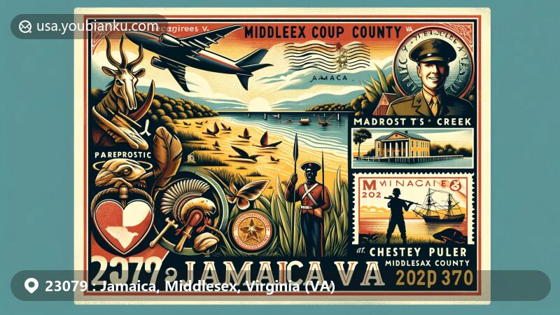Captivating illustration of Jamaica, Middlesex County, Virginia, highlighting ZIP code 23079, featuring Parrotts Creek, Middlesex County Museum, prehistoric and Native American artifacts, and tribute to Lt. Gen. Chesty Puller.
