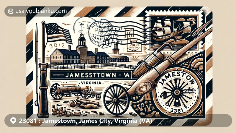 Modern illustration of Jamestown, Virginia, 23081, blending historical significance with postal elements, featuring vintage airmail envelope design and iconic symbols of Jamestown.
