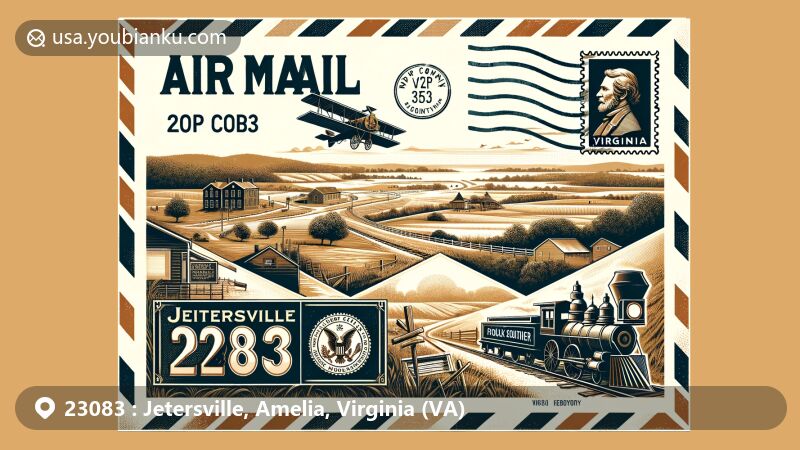 Modern illustration of Jetersville, Virginia, showcasing rural allure, historical significance, and postal theme with vintage air mail envelope, serene rural landscape, nod to Civil War history, and Amelia County's countryside characteristics.