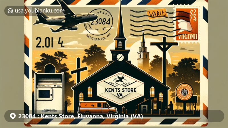 Modern illustration of Kents Store, VA, showcasing postal theme with ZIP code 23084, featuring The Oaks and Beulah Baptist Church silhouettes, Virginia state flag, and classic American mailbox.