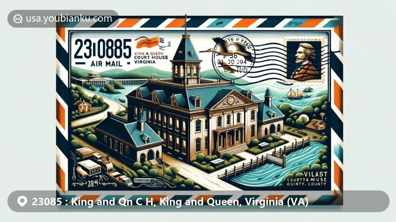 Modern illustration of King and Queen Court House area in Virginia, showcasing historic courthouse, Mattaponi River, and postal elements with ZIP code 23085.