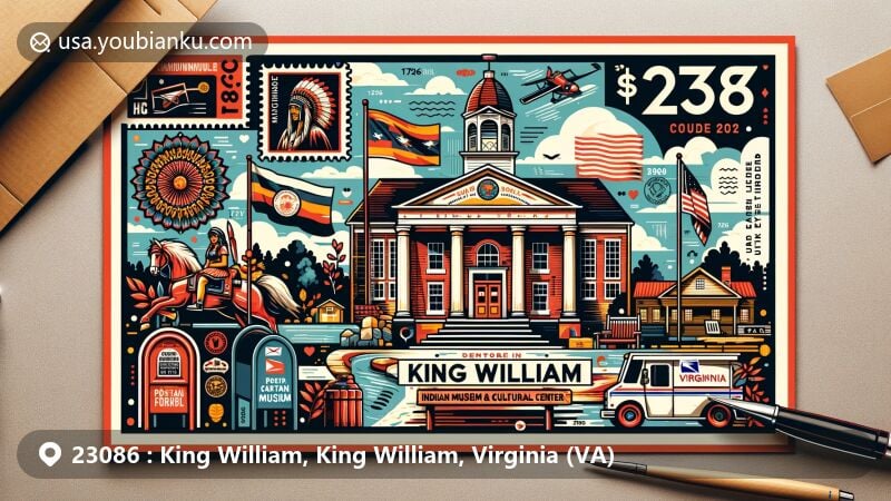 Modern illustration of King William, Virginia, featuring King William Courthouse, Pamunkey Indian Museum & Cultural Center, and Virginia flag, with postal theme showcasing ZIP code 23086.