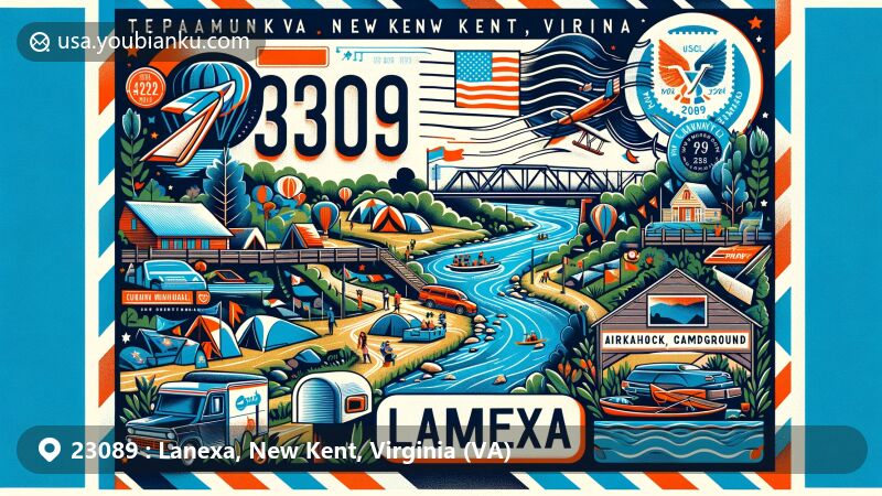 Contemporary illustration of Lanexa and New Kent in Virginia, capturing the essence of ZIP code 23089. Features Pamunkey River, Rockahock Campground, and airmail envelope design with Virginia state flag stamp and postal elements.