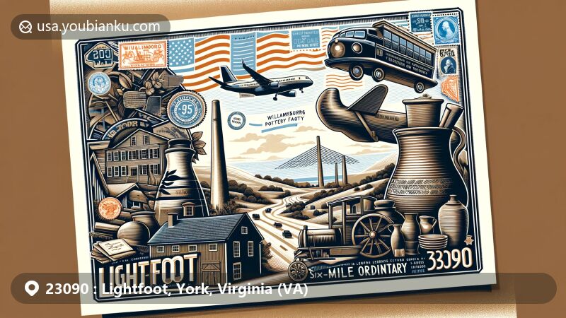 Modern illustration of Lightfoot, Virginia, representing ZIP code 23090, showcasing Williamsburg Pottery Factory and historical ties to American Revolution with references to Six-Mile Ordinary and Warhill battle.