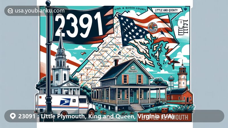 Modern illustration of Little Plymouth, King and Queen County, Virginia, highlighting ZIP code 23091, featuring Virginia state flag, King and Queen County map outline, and symbols representative of Little Plymouth.