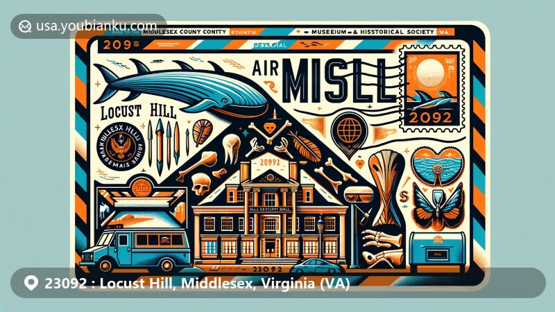 Modern illustration of Locust Hill, Middlesex County, Virginia, with airmail envelope showcasing ZIP code 23092 and Middlesex County Museum & Historical Society, featuring traditional American mailbox and postal van.