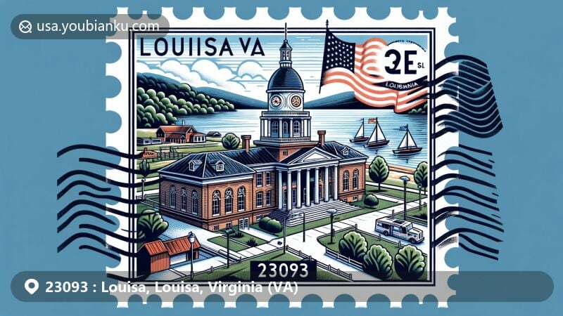 Modern illustration of Louisa, Virginia, displaying iconic Louisa County Courthouse and scenic Lake Anna, with Virginia state flag and postal symbology.