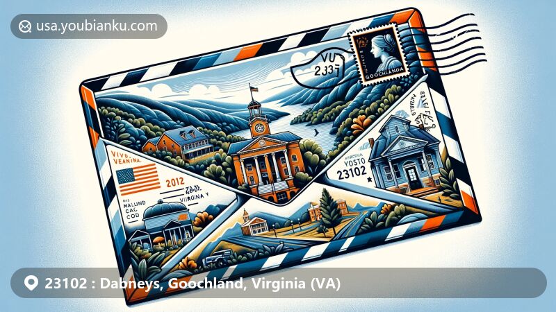 Modern illustration of Dabneys, Goochland County, Virginia, featuring a rustic airmail envelope with a scenic landscape inside, embodying the James River, historic courthouse, rolling hills, and a stamp with ZIP code 23102.