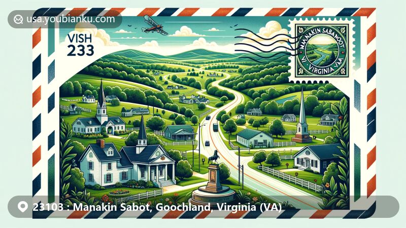 Modern illustration of Manakin Sabot, Goochland County, Virginia, in an air mail envelope format, showcasing small-town charm, natural beauty, and historical landmarks like Huguenot Memorial Chapel and Monument, with Virginia state flag in the background.