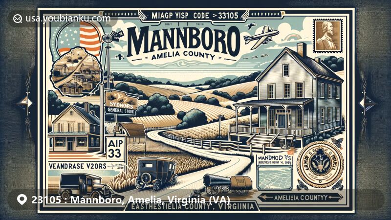 Modern illustration of Mannboro, Amelia County, Virginia, showcasing postal theme with ZIP code 23105, featuring Sydnor's General Store and scenic rural landscape of the Piedmont region with rolling hills and gentle ridges.