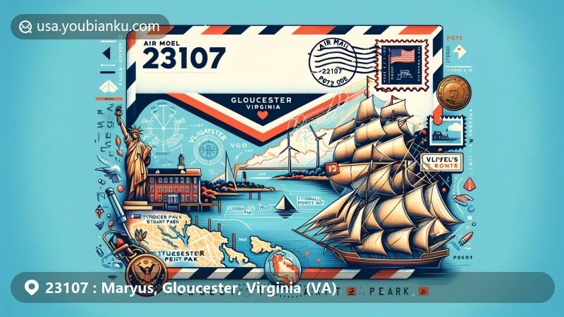 Modern illustration of Maryus, Gloucester County, Virginia, inspired by postal theme for ZIP code 23107, featuring airmail envelope with Virginia flag, Gloucester Point Beach Park, Tyndall’s Point Park, and Rosewell Ruins.