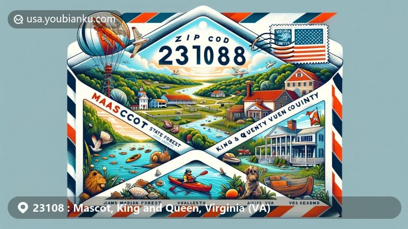 Modern illustration of Mascot, King and Queen County, Virginia, featuring airmail envelope with ZIP code 23108, showcasing local natural beauty, history, and cuisine.
