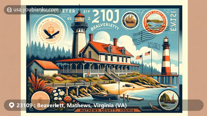 Modern illustration of Beaverlett, Mathews County, Virginia, showcasing historical and natural beauty with New Point Comfort Lighthouse and Mathews County Courthouse, incorporating postal theme with postcard, stamps, and ZIP Code label.