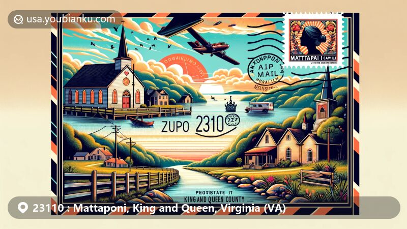 Modern illustration of Mattaponi, King and Queen County, Virginia, highlighting historic Mattaponi Church and the scenic Mattaponi River, with a creative portrayal of postal elements like air mail envelope, postmark with ZIP code 23110, and vintage Virginia postage stamp.
