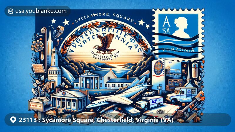 Modern illustration of Sycamore Square, Chesterfield, Virginia, with a creative postal theme and the Virginia State Flag in the background, showcasing ZIP code 23113 and local cultural symbols.