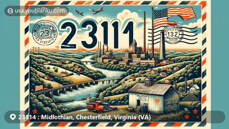 Creative illustration of Midlothian, Chesterfield County, Virginia, in ZIP code 23114, featuring Swift Creek Reservoir, Midlothian Coal Mines, and Piedmont landscape.
