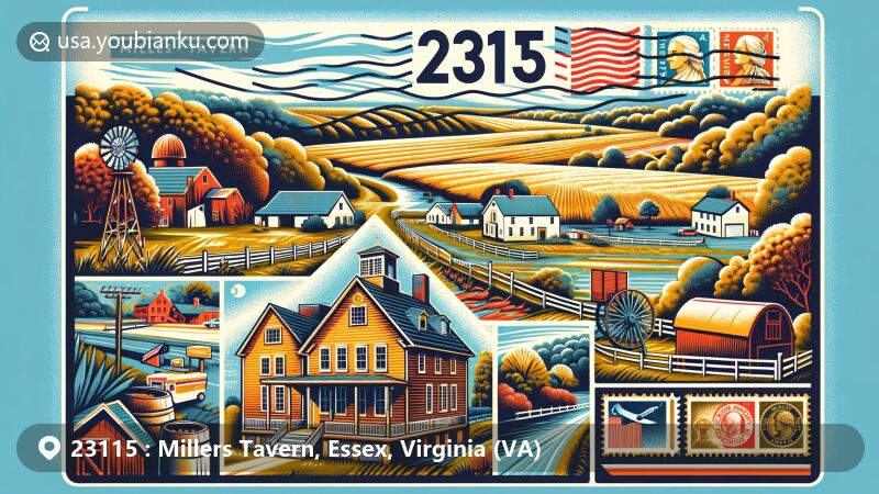 Creative illustration of Millers Tavern, Essex County, Virginia, with ZIP code 23115, showcasing agricultural heritage, historic buildings, and iconic Woodlawn house.
