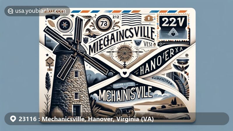 Modern illustration of Mechanicsville, Hanover, Virginia, showcasing historical and Civil War elements like a stone windmill, cannon, and Civil War cap, reflecting local landmarks and heritage.