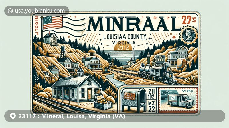 Modern illustration of Mineral area in Louisa County, Virginia, designed as a scenic postcard with ZIP code 23117, featuring gold mining history, Virginia state flag, and American postal culture.