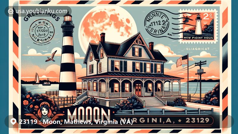 Modern illustration of Moon, Mathews County, Virginia, themed around ZIP code 23119, featuring Billups House and New Point Comfort Lighthouse.