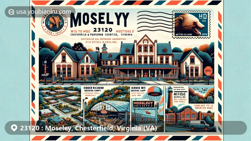 Modern illustration of Moseley area in Chesterfield and Powhatan counties, Virginia, showcasing ZIP code 23120, featuring historic Moseley Post Office, Metro Richmond Zoo, Westerleigh community, and Hidden Wit Brewing Company.