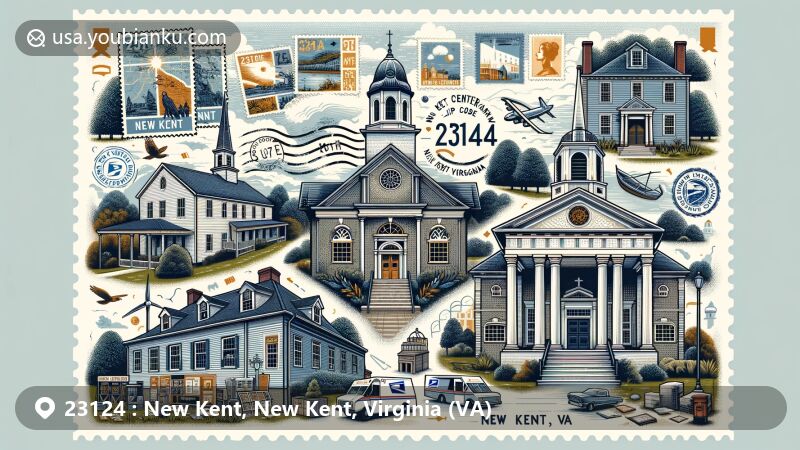 Modern illustration of New Kent, Virginia, highlighting postal theme with ZIP code 23124, featuring landmarks like St. Peter's Church, New Kent County Courthouse, and The New Kent Ordinary.