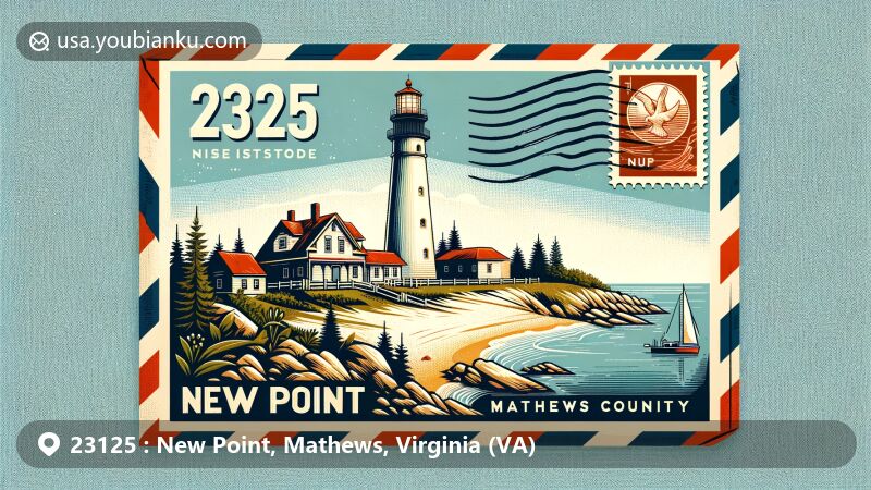 Modern illustration of New Point, Mathews County, Virginia, featuring iconic New Point Comfort Lighthouse, Chesapeake Bay, and Natural Area Preserve, with vintage airmail envelope and ZIP code 23125.