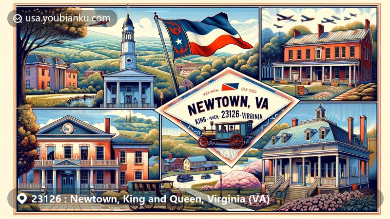 Modern illustration of Newtown, King and Queen, Virginia, highlighting the Federal architecture of Newtown Historic District and its ties to the American Civil War, featuring Virginia state symbols like the flag and dogwood flowers.