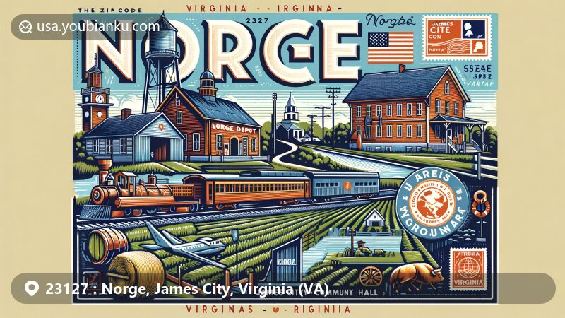 Modern illustration of Norge, Virginia, featuring Norge Depot Rail Museum, Norge Community Hall (formerly Viking Hall), and James City County's history. Includes vintage postal elements like air mail envelope, ZIP Code 23127 stamp, postmark, and agricultural imagery.
