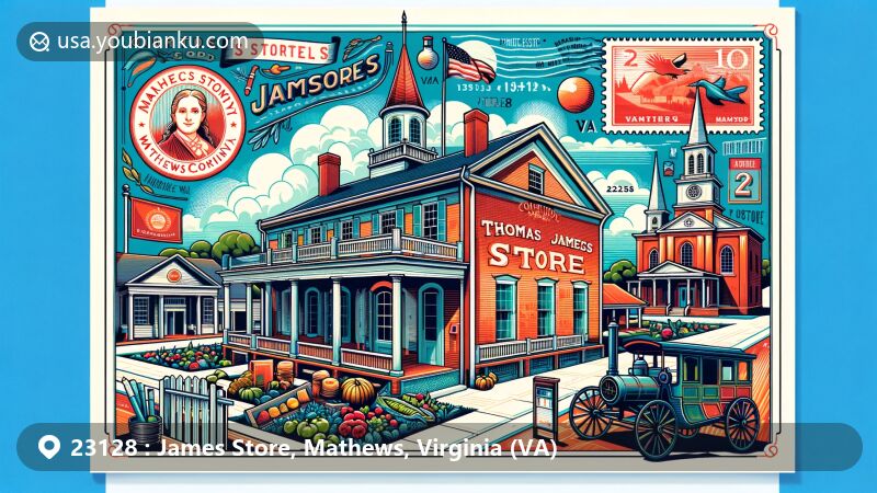 Modern illustration of James Store, Mathews County, Virginia, featuring the Thomas James Store and symbolic representations of the county's history, including a courthouse, outdoor religious pavilion, and antique mail carriage, all tied together by the postal theme with ZIP code 23128.