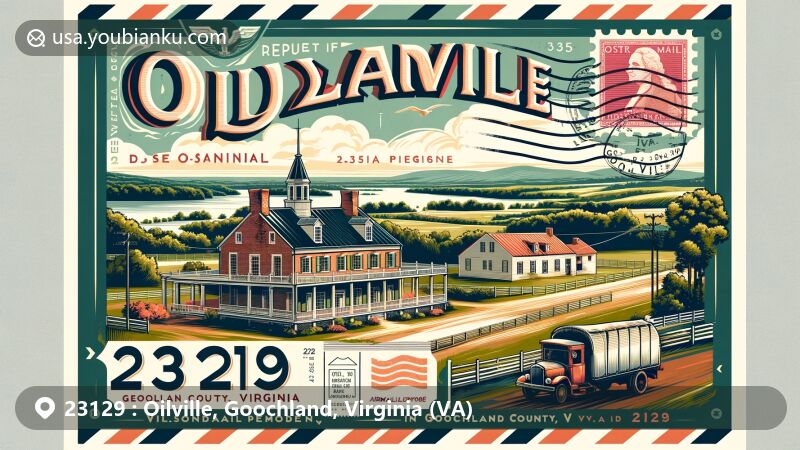 Modern illustration of Oilville, Goochland County, Virginia, showcasing historic Woodlawn Plantation and rural charm with a vintage postcard theme, integrating ZIP code 23129 and James River scenery.