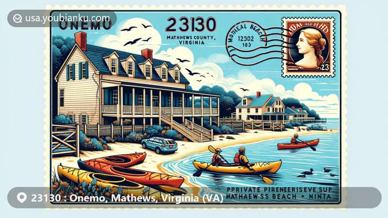 Modern illustration of Onemo, Mathews County, Virginia, highlighting Bethel Beach's natural beauty on the Chesapeake Bay, with kayakers and an Antebellum farmhouse, reflecting local heritage and recreational activities.