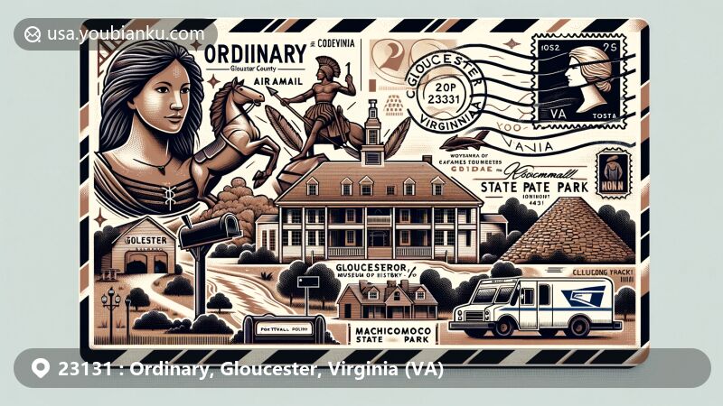 Modern illustration of Ordinary, Gloucester County, Virginia, featuring postal theme with ZIP code 23131, showcasing local landmarks like Gloucester County Museum of History, Pocahontas statue, Machicomoco State Park, and Rosewell Ruins.