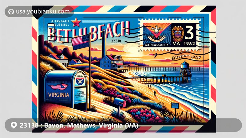 Modern illustration of Bavon, Mathews County, Virginia, showcasing airmail theme with ZIP code 23138, featuring Bethel Beach Natural Area Preserve and Virginia state flag.
