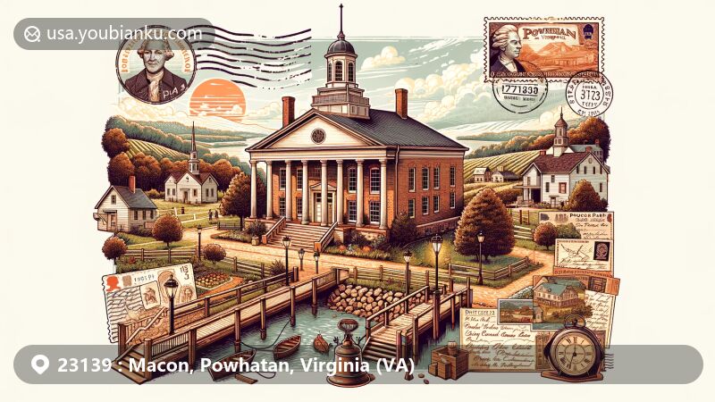 Modern illustration of Powhatan, Virginia, showcasing iconic Powhatan Courthouse built in 1849, historic sites, Powhatan State Park, and Skippers Creek Vineyard, with vintage postcard elements like ZIP Code 23139, Chief Powhatan postage stamp, and May 1777 postmark.