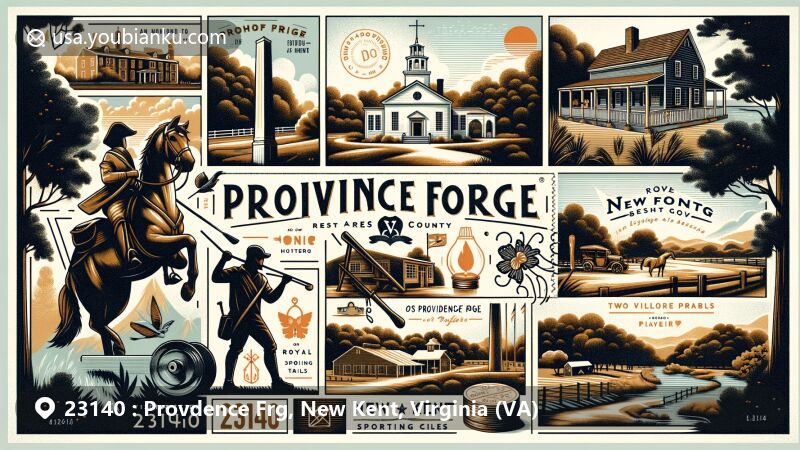 Modern illustration of Providence Forge, New Kent County, Virginia, featuring key landmarks like New Kent Rest Area and Visitor Center, Old Forge Sporting Clays, Royal New Kent golf courses, and Two River Trails, with postal theme including stamp, postmark, and ZIP Code 23140.