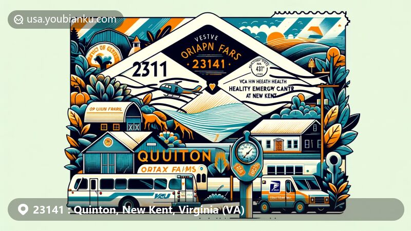 Modern illustration of Quinton, New Kent, Virginia, featuring Orapax Farms and VCU Health Emergency Center, emphasizing rural charm and healthcare facilities.