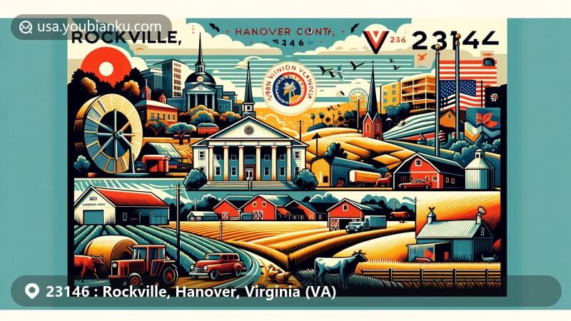 Modern illustration of Rockville, Virginia area, highlighting ZIP code 23146, featuring farming roots, Rockville Center, and Hanover County landmarks, with Virginia state symbols.