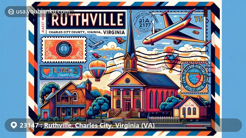 Modern illustration of Ruthville, Charles City County, Virginia, inspired by airmail envelope design, featuring stamps and postmarks with Elam Church and Glebe of Westover Parish, with a vibrant portrayal of the ZIP Code 23147 and postal elements.