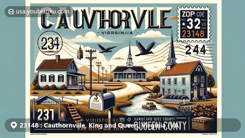 Modern illustration of Cauthornville, King and Queen County, Virginia, with ZIP code 23148, highlighting local landmarks like Farmington plantation and Mattaponi Church.